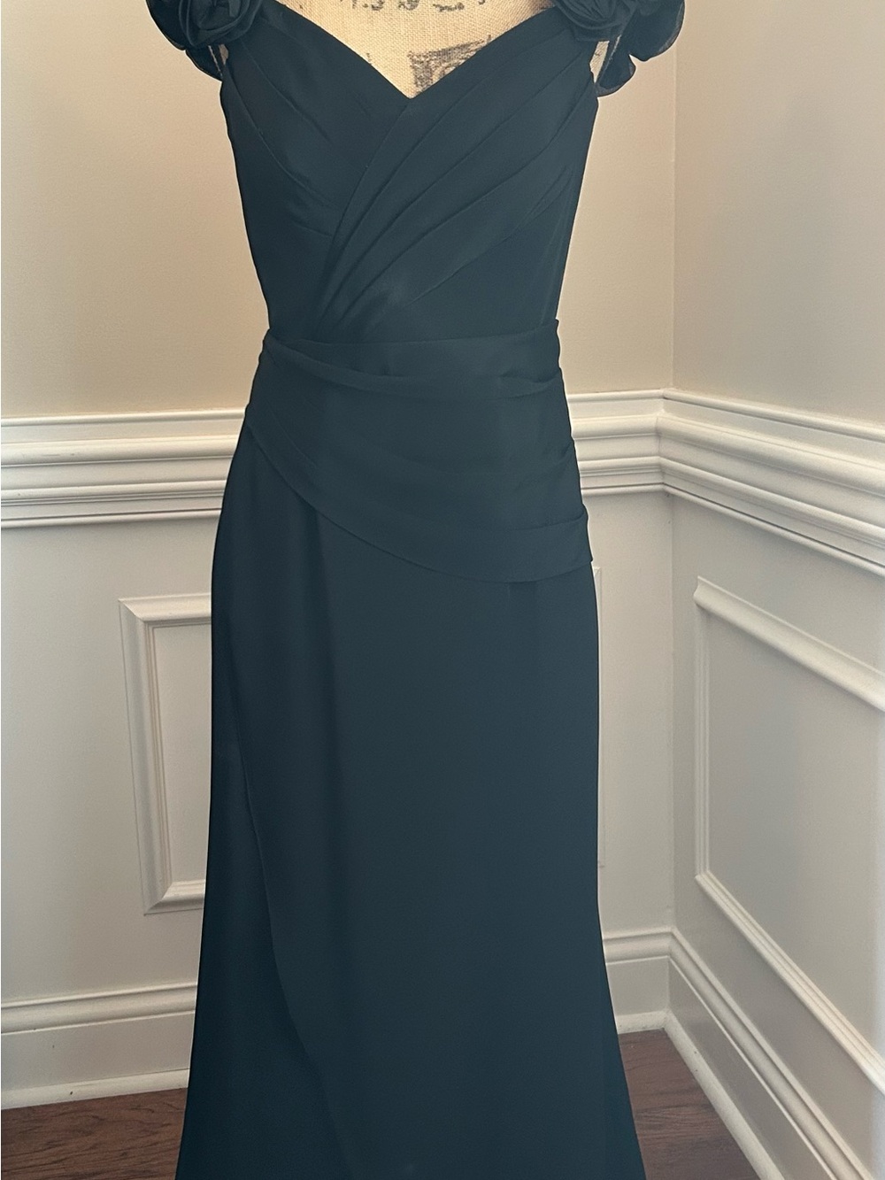 Kay Unger Classic Black V-Neck Maxi Dress with Draped Waist